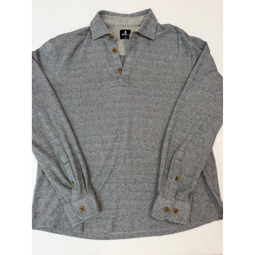 johnnie-O Mens Blue White Striped Long Sleeve Polo Shirt Large Stretch Cotton